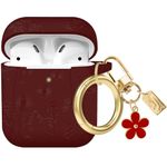 AIIEKZ Flower Engraved Case Compatible with AirPods Case Cover, Soft Silicone Case for AirPods 2&1 Generation Case with Cute Flower Keychain and Carabiner for Girls Women (Burgundy)