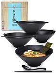 APEX S.K. Ramen Bowls Set of 4 | 1700 milliliters Large Japanese Ramen Noodle Soup Bowl Set with Chopsticks and Spoon, Melamine Dishware, Black Soup Bowls, Pho Bowls Set of 4 - Dishwasher Safe