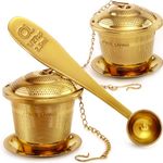 Apace Loose Leaf Tea Infuser (Set of 2) with Tea Scoop and Drip Tray - Ultra Fine Stainless Steel Strainer & Steeper (Gold, Medium)