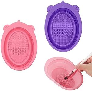 Makeup Brush Cleaning Mat, 2 PCS Foldable Silicone Makeup Brush Cleaner Portable Washing Tool for Makeup Brushes Sponge (Pink & Purple)