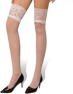 WAKUNA Thigh High Stockings 15D for Women Hold Up Nylon Sheer Lace（White,Large