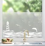 dktie Window Film Privacy Vinyl Frosted Window Film No-Glue Stained Glass Window Film Removable Ocean Patterned Static Cling Films for Room Decor, Bathroom, Kids Room, Bedroom, Door 44.5 X 200 CM