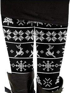 Christmas Reindeer Printed Leggings Tights Tribal Snowflake Pants for Women Black XL