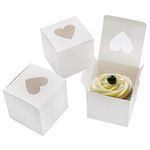 Suwimut 100 Pack Mini Individual Cupcake Box with Heart Shaped Window, 3 Inch Small White Single Cupcake Togo Container Cardboard Holder for Cookie Muffin Dessert Pastry Birthday Wedding Party Favors