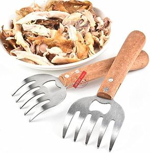 Wood Meat Shredder Claws - Set of 2 Stainless Steel Bear Claws Long Handles Pulled Pork Meat Shredder Shredding Forks BBQ Claws, Not Easy to Corrode, High Temperature Resistance, Wooden Handle