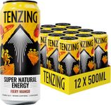 TENZING Super Natural Energy Drink, Fiery Mango, 160MG Caffeine, Vitamin D, Magnesium, Mushrooms, Plant Based, Vegan, & Gluten Free, 500ml (Pack of 12)