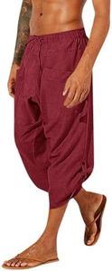 Gafeng Mens Linen Harem Capri Pants Drawstring 3/4 Shorts Casual Beach Yoga Hippie Thai Pants, Burgundy, Medium