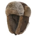 Harssidanzar Rabbit Fur Aviator Hats for Men and Women Waterproof Winter Warm Trapper hat CU606CA, Brown, Size Medium