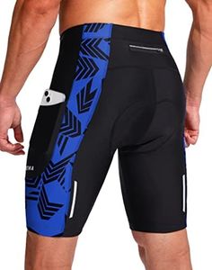 Men's Bike Shorts 3D Padded Cycling Road Biking Underwear Mountain Riding Biker Bicycle UPF 50+ Cycle Shorts Zipper Pockets(Black/Blue Arrow,XXL)