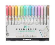 Zebra Pen Mildliner Dual Tip Highlighter Pens, Pastel Highlighters Pens For Adults, Broad & Fine Tip Markers & Highlighters For Convenience, Double Ended Highlighters, 15 Pk - Assorted Colours