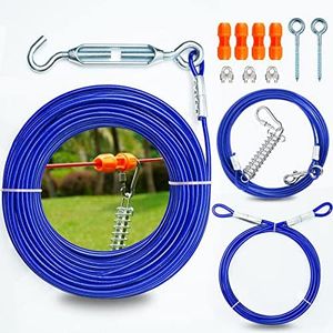 Patented Heavy Duty Dog Tie Out Trolley System Dog Zipline for Small to Large Dogs - 75ft Aerial Dog Runner Cable with 10ft Dog Run Cable and 2 Unique Stoppers for Yard Camping Outdoor