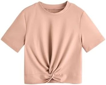 MakeMeChic Women's Summer Crop Top Solid Short Sleeve Twist Front Tee T-Shirt Dusty Pink X-Large