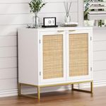 Anmytek Rattan Cabinet, Sideboard Buffet Storage Cabinet with 2 Doors Kitchen Sideboard Furniture with Natural Rattan, White H0013