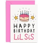 Old English Co. Happy Birthday Card for Little Sister - Cute Birthday Cake Greeting Card for Lil Sis from Little Brother, Sibling - Pink Cake and Candle Birthday Card for Her | Blank Inside with