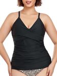 RELLECIGA Women's Black V Neckline Ruched Tankini Top Swimsuits Size X-Large