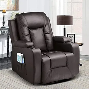 COMHOMA Recliner Chair, PU Rocking Chair for Adults, Swivel Recliner with Cup Holders, Heat and Massage, Single Sofa Seat with Side Pockets for Living Room, Bedroom (Brown)