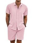 COOFANDY Men's Summer Beach Outfits 2 Piece Short Sleeve Shirts and Shorts Vacation Texture Linen Sets for Men, Pink, Large