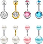 MODRSA Belly Button Rings Belly Rings for Women Short Bar Silver Pink Blue Gold Belly Button Ring Pearl Surgical Steel Belly Button Piercing Jewelry Navel Rings 8mm