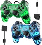 Degulan Wired Controller for PS-2 High Performance Double Shock Gamepad Joystick Remote Compatible with Play 2 (Clear Green and Clear Blue)