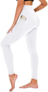 High Waisted Leggings for Women - No See Through Tummy Control Cycling Workout Yoga Pants with Pockets Reg & Plus A-White