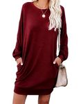 PrinStory Women Jumper Dress Long Sleeve Winter Dresses Casual Loose Mini Dresses Knitted Pullover Sweater Tunic Tops Basic Dress with Side Pockets UK Size 18-20 (Wine Red, XL)