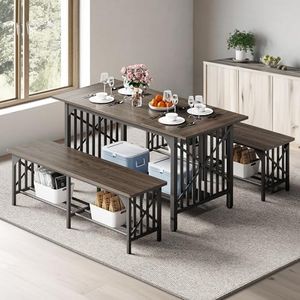 DWVO 3-Piece Dining Table Set for 4-6 People, 63" Dining Room Table with 2 Benches, Industrial Rectangular Dining Room Table Set with Storage for Kitchen, Dining Room, Grey