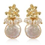 ELEXIS 18k Gold Baroque White Big Pearl Drop Earrings For Women Handmade Trendy Comfy Real Freshwater Pearls Aesthetic Life Tree Dangle Earrings Hypoallergenic Engaged Wedding Bridesmaid Hanging Jewelry (flower)