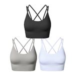 SEGRILA Strappy Sports Bras for Women Crisscross Back Yoga Workout Bras with Removable Pads,Black+White+Grey,M