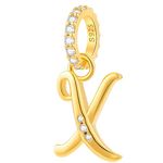 Alphabet CZ Letter X Pendant Charm, 18K Yellow Gold Plated 925 Sterling Silver Initial X Dangle Beads fit Pandora Xmas Necklace Bracelet, Gift for Daughter/Son/Best Mum/Friends