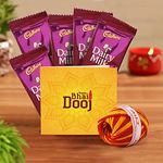 TIED RIBBONS Bhai Dooj Gift Set for Brother Hamper with Dairy Milk Chocolates Greeting Card Kalawa Moli and Roli Chawal Tikka