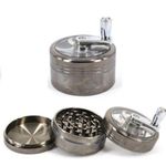 Glamified 2.5" 4 Pieces Hand Cranked Clear Top Herb Grinder - Aluminium Spice Grinder with Pollen Scraper and Cleaning Brush, Foldable Handle (Grey (3 Layers))