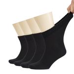 HUGH UGOLI Men's Cotton Diabetic Ankle Socks, Wide, Thin, Loose Fit and Stretchy, Seamless Toe & Non Binding Top, 4 Pairs, Black, Shoe Size: 8-11