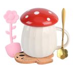 Mushroom Mug, Cute Coffee Mug with Lid, Flower Spoon and Mushroom Coaster, Kawaii Tea Cup with Tea Influser, Funny Mushroom Stuff for Milk, Gift for Women, Girl,Christmas, Birthdays