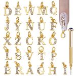 NICENEEDED 26Pcs A-Z Rhinestone Alphabet Nail Charms, Gold Letter Dangles with Nail Piercing Tool, 3D Alloy English Letters Nail Pendants for Nail Decor DIY Earrings Jewelry Bracelet