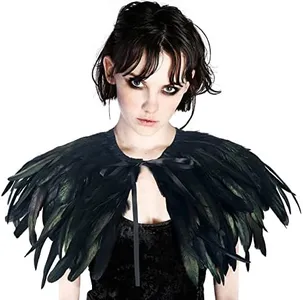 JEGERMIG Gothic Black Feather Shawl Victorian Costume Shrug Halloween Cosplay Feather Wrap Lace Neck