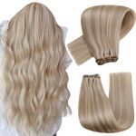 Hetto Sew in Hair Extensions Blonde Sew in Human Hair Extensions Bleach Blonde Highlight Ash Blonde Weft Hair Extensions for Women 18inch 100g #P18/613