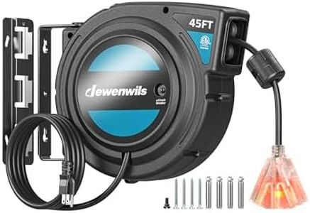 DEWENWILS 45FT Retractable Extension Cord Reel, 14/3C SJTW Heavy Duty Power Cord, Lighted Triple Outlets, 15A Circuit Breaker, Lightweight 180° Swivel Bracket, Ceiling/Wall Mount, ETL Listed, Black