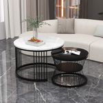 ModernLuxe 2-in-1 Coffee Table, Round Nest of Tables, Multi-functional Side Table with Black Metal Frame Legs and Marble Pattern Top, Nesting Tables for Living Room Bedroom Office, Black and White