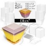 DLux 100 x 2 oz Mini Dessert Cups with Spoons and Lids, Square Short - Clear Plastic Parfait Appetizer Cup - Small Reusable Serving Bowl for Party Desserts Appetizers - with Recipe Ebook