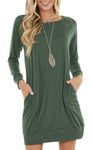 PrinStory Women Jumper Dress Long Sleeve Winter Dresses Casual Loose Mini Dresses Knitted Pullover Sweater Tunic Tops Basic Dress with Side Pockets UK Size 14-16 (VG Green, L)