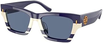 Tory Burch Women's Ty7169u Universal Fit Sunglasses, Navy Ivory Vintage Strip, 52mm