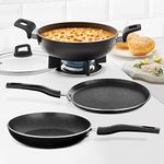 Borosil Granito Non-Stick 4 Pieces Cookware Set | Induction & Gas Stove Friendly | Granite Finish, PFOA-Free | Kadhai with Lid, Dosa Tawa & Fry Pan Set | Kitchen Set Gift Idea | Black