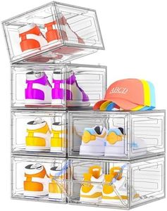 【Thicken & Sturdy】Clear Shoe Storage Organizer with Magnetic Door, Stackable Boxes for Closet, Foldable Space-Saving Shoe Rack for Sneaker Boot Container, Plastic Shoe Box 6 Pack, White