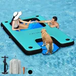 CALOBANA 10ft x 6ft Inflatable Floating Dock with Mesh, Lake Floats with Boat Ramp Tanning Pool Lounger Water Hammocks for Family Party Pool Sea River Dock Boat, Mint Green & Blue