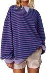 UEU Women's Oversized Pullover Sweater 2024 Fall Long Sleeve Crewneck Striped Color Block Shirt Purple Striped Small