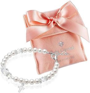 Baby Crystals Elegant Sterling Silver Cross Charm Baptism Bracelet - Baptism Gifts for Girl with White simulated Pearls and European Crystals, Girls Jewelry, Bracelets for Girls