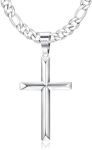 HAIAISO 925 Sterling Silver Cross Pendant Necklace with Stainless Steel Diamond-Cut Figaro Chain Delicate Highly Polished Beveled Edge Cross Pendant Necklace for Men Women 22 Inches