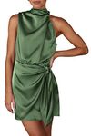 PRETTYGARDEN Women's Short Formal Satin Dress 2024 Summer Sleeveless Mock Neck Tie Waist Cocktail Party Dresses (Army Green,Large)