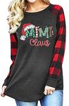 Mimi Claus Christmas Shirt Women Cute Santa Graphic T-Shirt Buffalo Plaid Long Sleeve Raglan Baseball Tee Top, Grey Red, Large