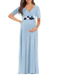 KIM S Maternity Maxi Dress with Flower Sash(S-3XL)/Wrapped Ruched V Neck Photoshoot Baby Shower Dresses, S. Dusty Blue, S